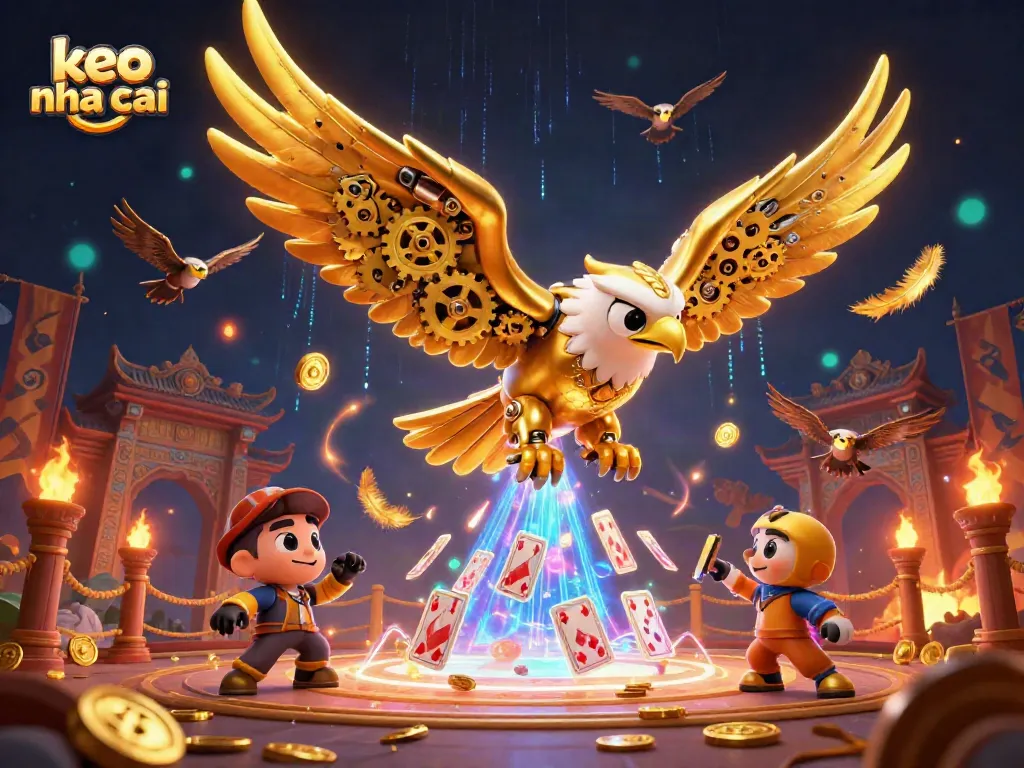 Experience exciting keo nha cai gambling action with a cybernetic eagle amidst vibrant gaming elements.