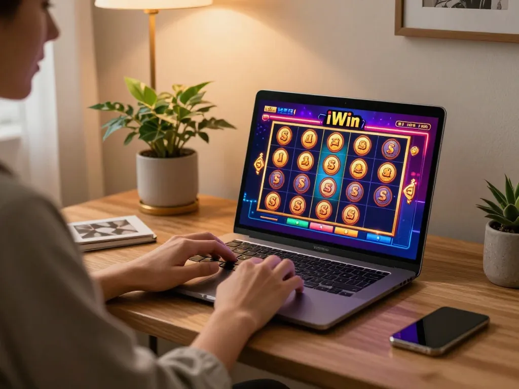 Engaging with iWin gaming on a stylish home laptop while ensuring responsible gaming practices