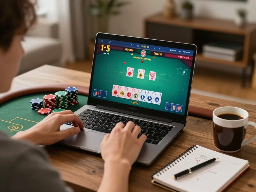 Player engaging in a Texas Hold'em game online on vaobet platform, showing focused strategy.