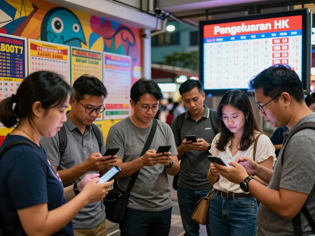 Individuals checking mobile devices for Pengeluaran HK results in a vibrant urban lottery scene.