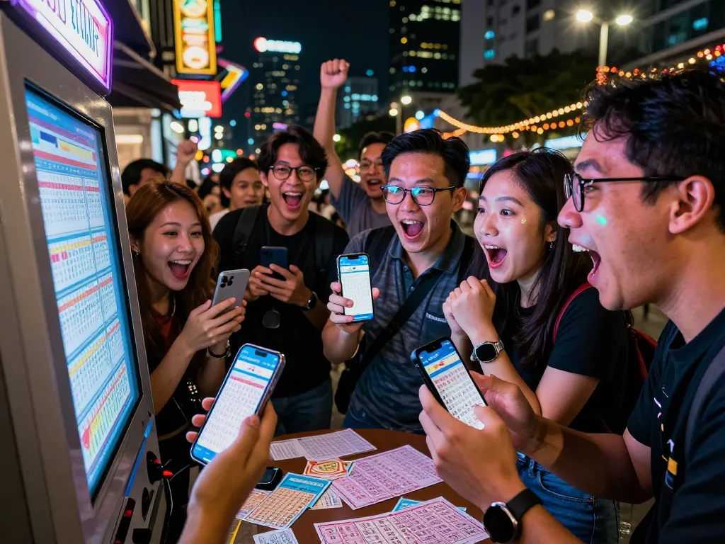 Excited friends checking Pengeluaran HK lottery results at a nighttime urban kiosk.