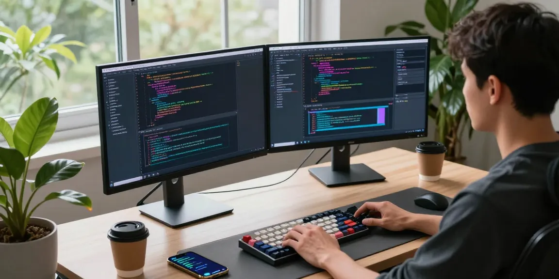 Dynamic workspace scene showcasing a developer at the 纸飞机官网, immersed in coding on dual monitors.