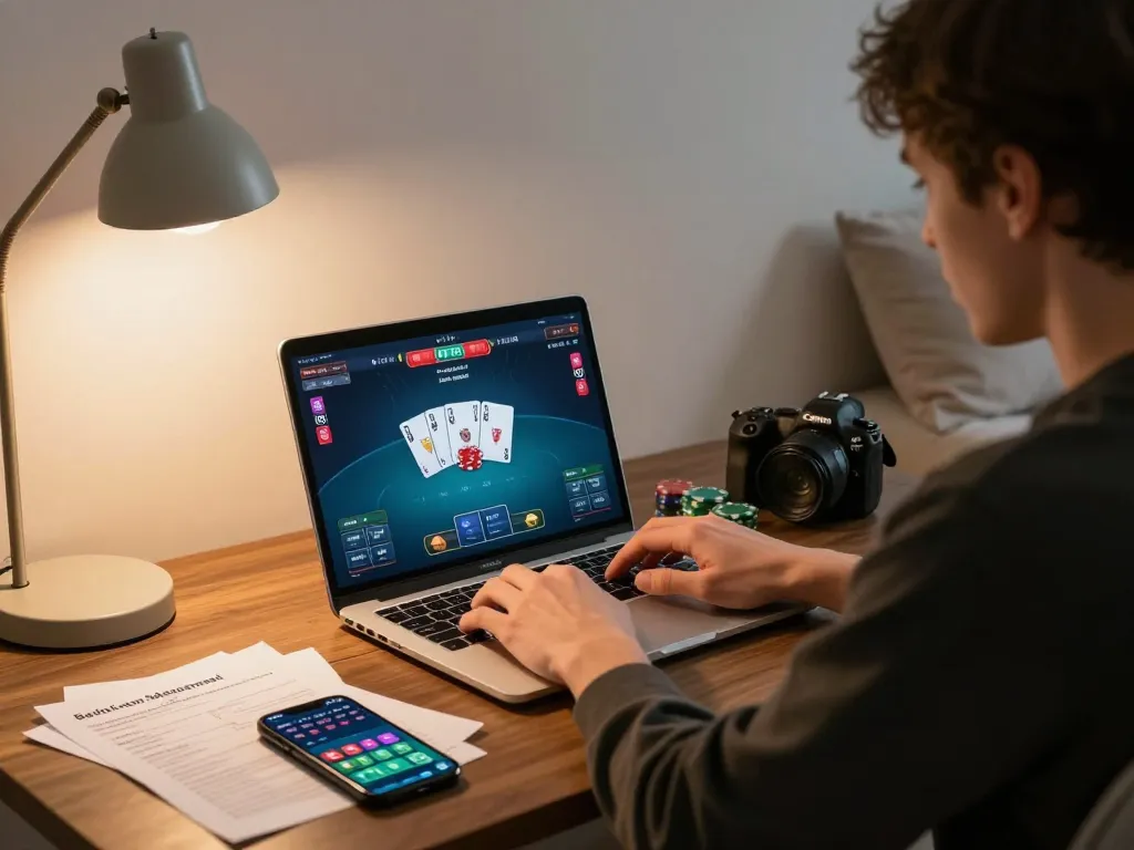 Engaging online poker action at home with sky88, showing focused gameplay on laptop.