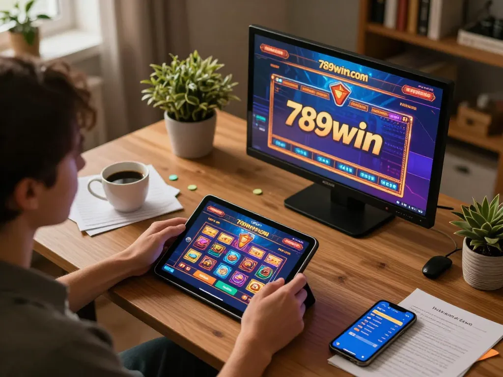 Engaging tablet gaming interface on 789win com in cozy home setting, showcasing responsible gambling.