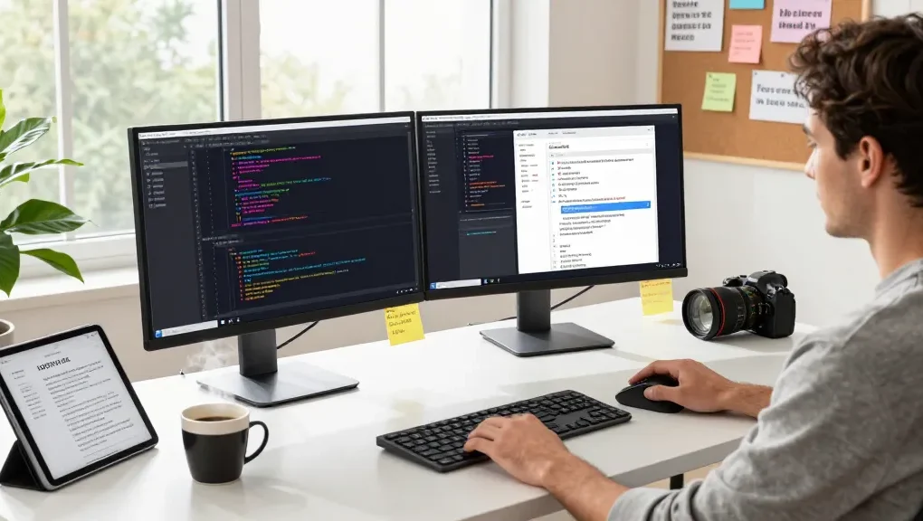 Cutting-edge software developer utilizing 截图软件 in a modern workspace, showcasing vibrant code and design.