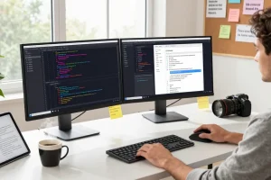 Cutting-edge software developer utilizing 截图软件 in a modern workspace, showcasing vibrant code and design.