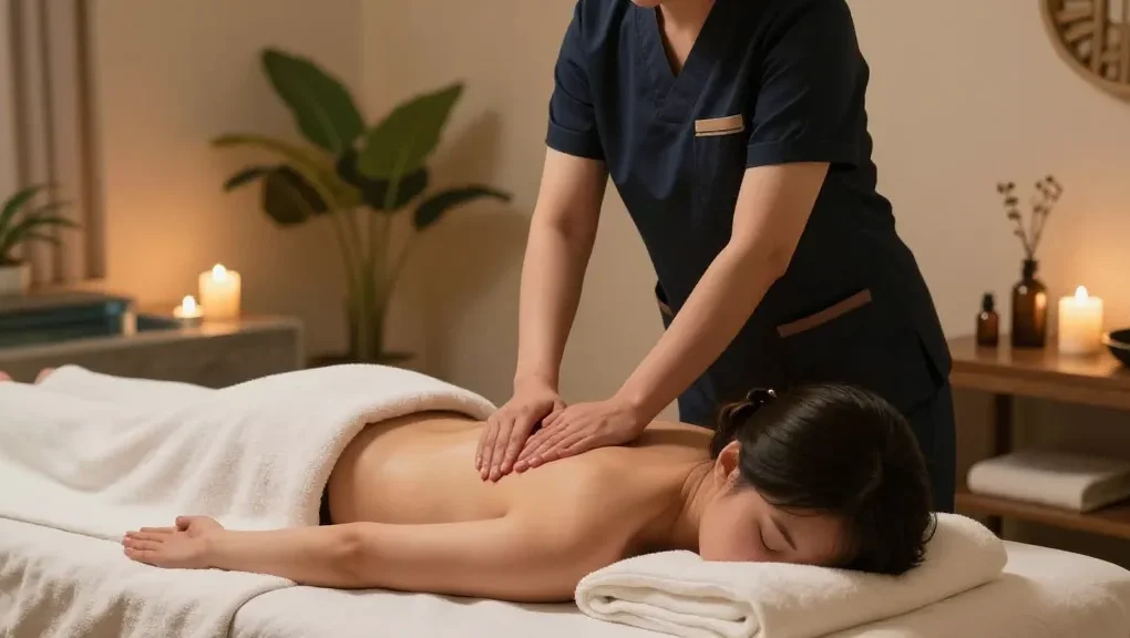 Relaxing 강남출장마사지 scene with therapist and spa ambiance for stress relief