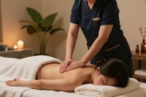 Relaxing 강남출장마사지 scene with therapist and spa ambiance for stress relief