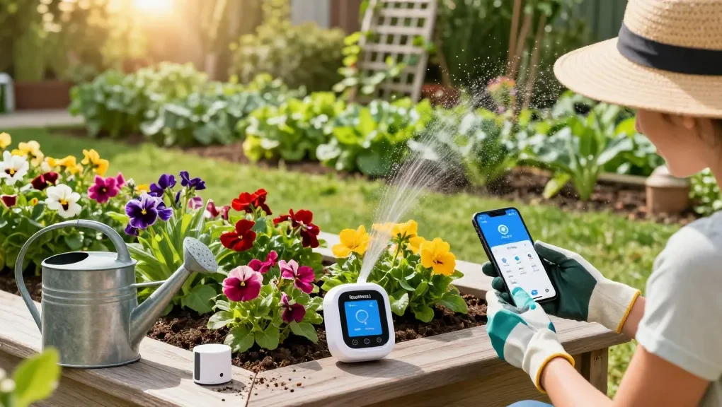 Gardener using RainPoint WiFi water timer to automate plant watering in a lush garden.