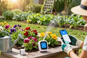 Gardener using RainPoint WiFi water timer to automate plant watering in a lush garden.