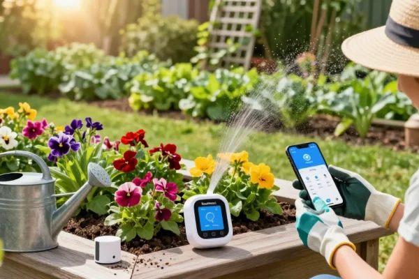 Gardener using RainPoint WiFi water timer to automate plant watering in a lush garden.