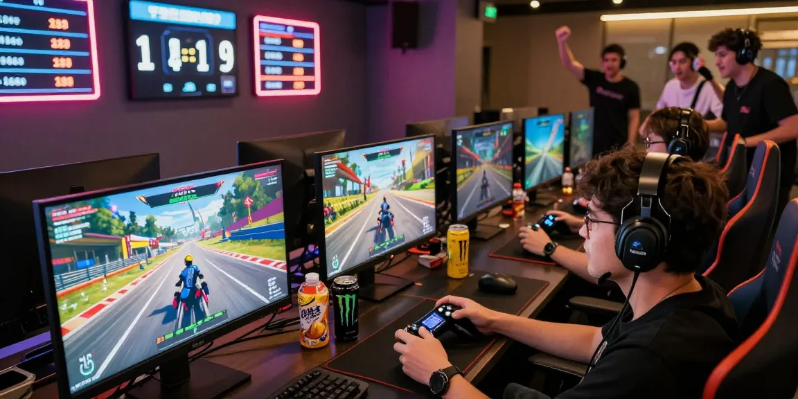 Engaging gaming session with players focusing on rokok 88 racing game, vibrant atmosphere, snacks, and cheering friends.