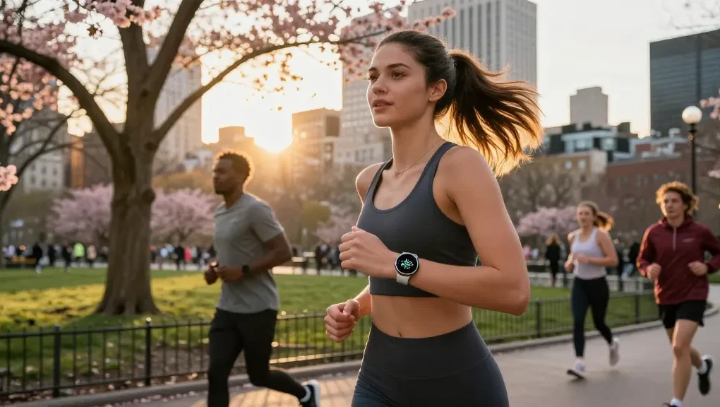 Pengguna Fitbit Luxe di taman kota saat jogging, memantau kesehatan dengan teknologi terkini dari https://www.polarfitbitshop.com/fitbit-luxe/.