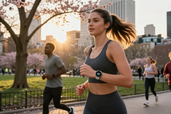 Pengguna Fitbit Luxe di taman kota saat jogging, memantau kesehatan dengan teknologi terkini dari https://www.polarfitbitshop.com/fitbit-luxe/.