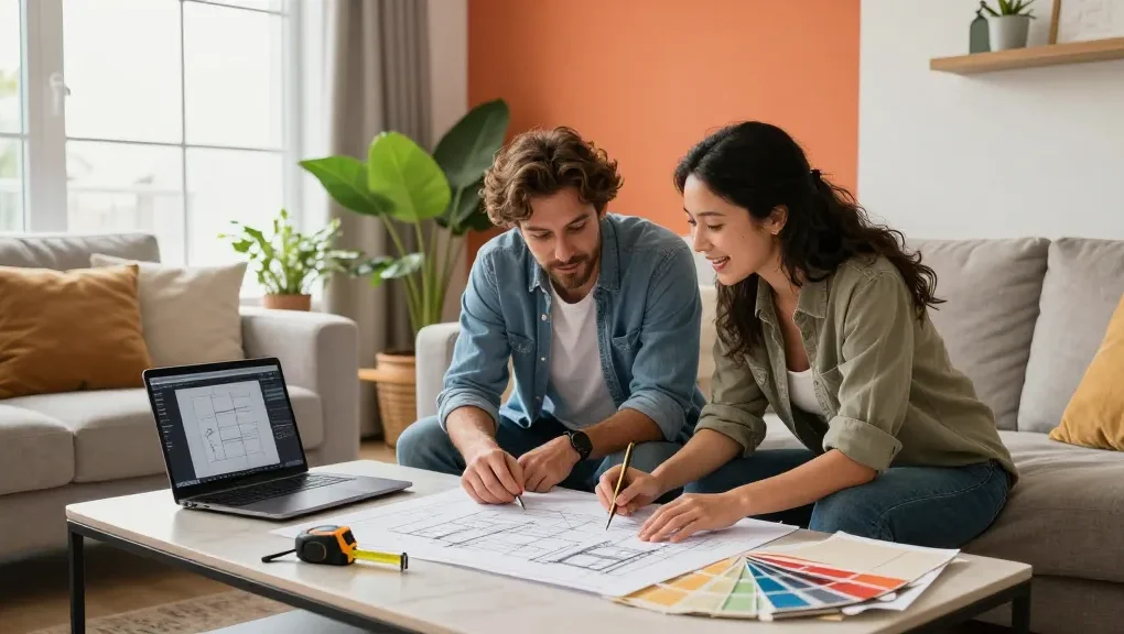Couple discussing home renovations, read more here about stylish living room transformations.