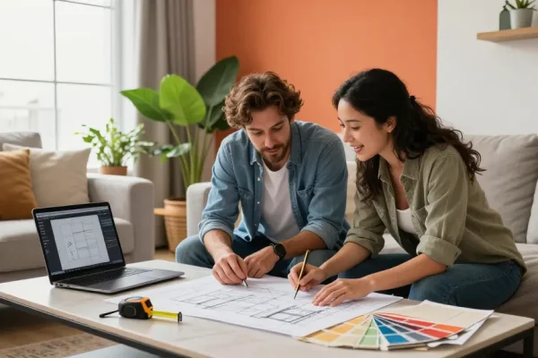 Couple discussing home renovations, read more here about stylish living room transformations.