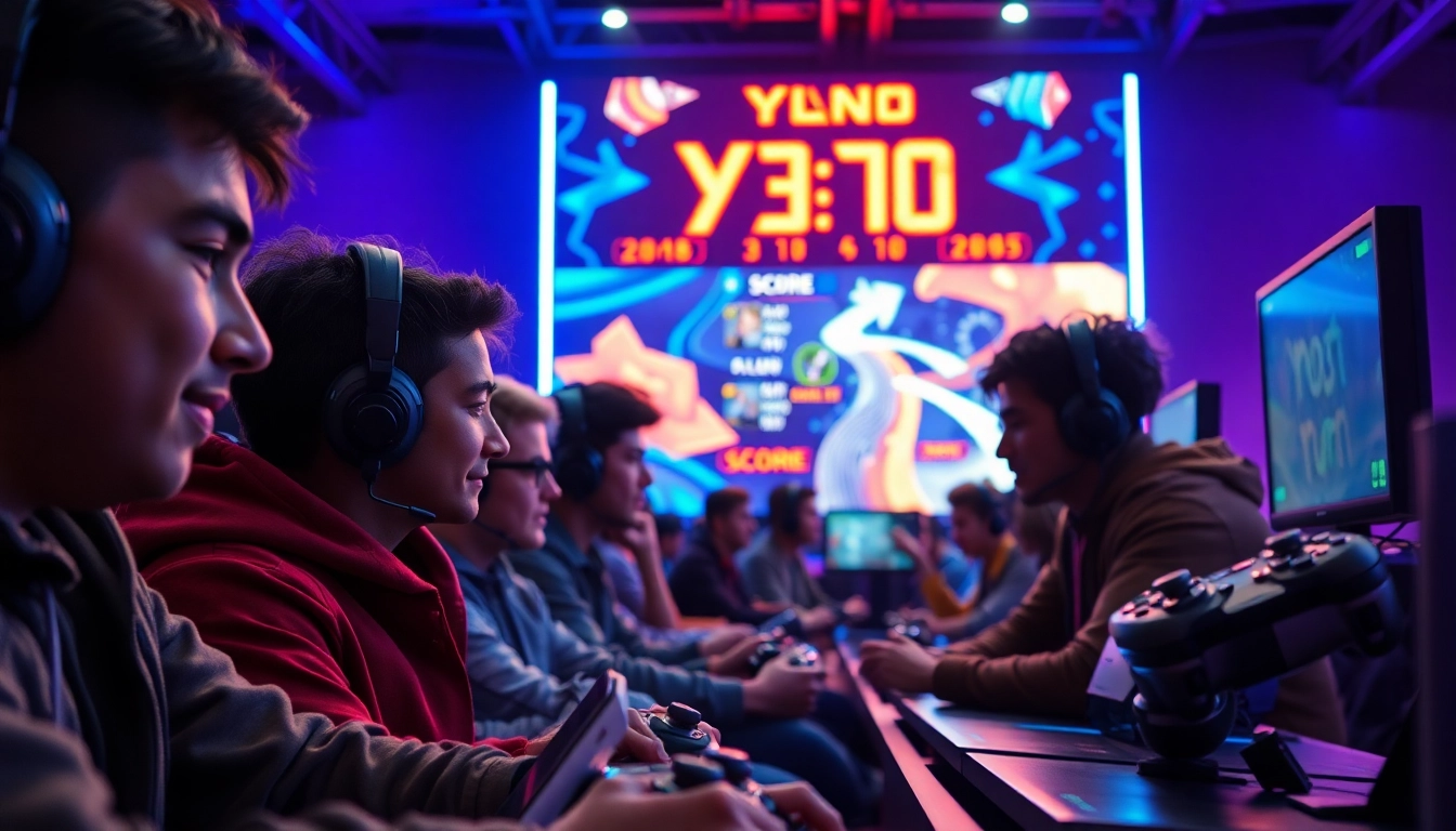 Engage in a competitive scene featuring yono game with diverse players, digital scoreboards, and vibrant gaming ambiance.